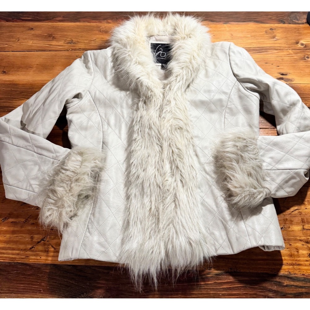 Y2K Venus Williams x Wilsons Leather Ivory Quilted Faux Fur Trim Jacket Medium - Picture 7 of 12